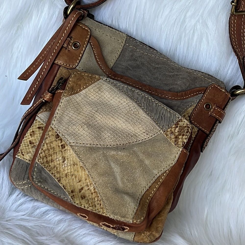Fossil Brown Beige Leather Patchwork Crossbody Pu… - image 4